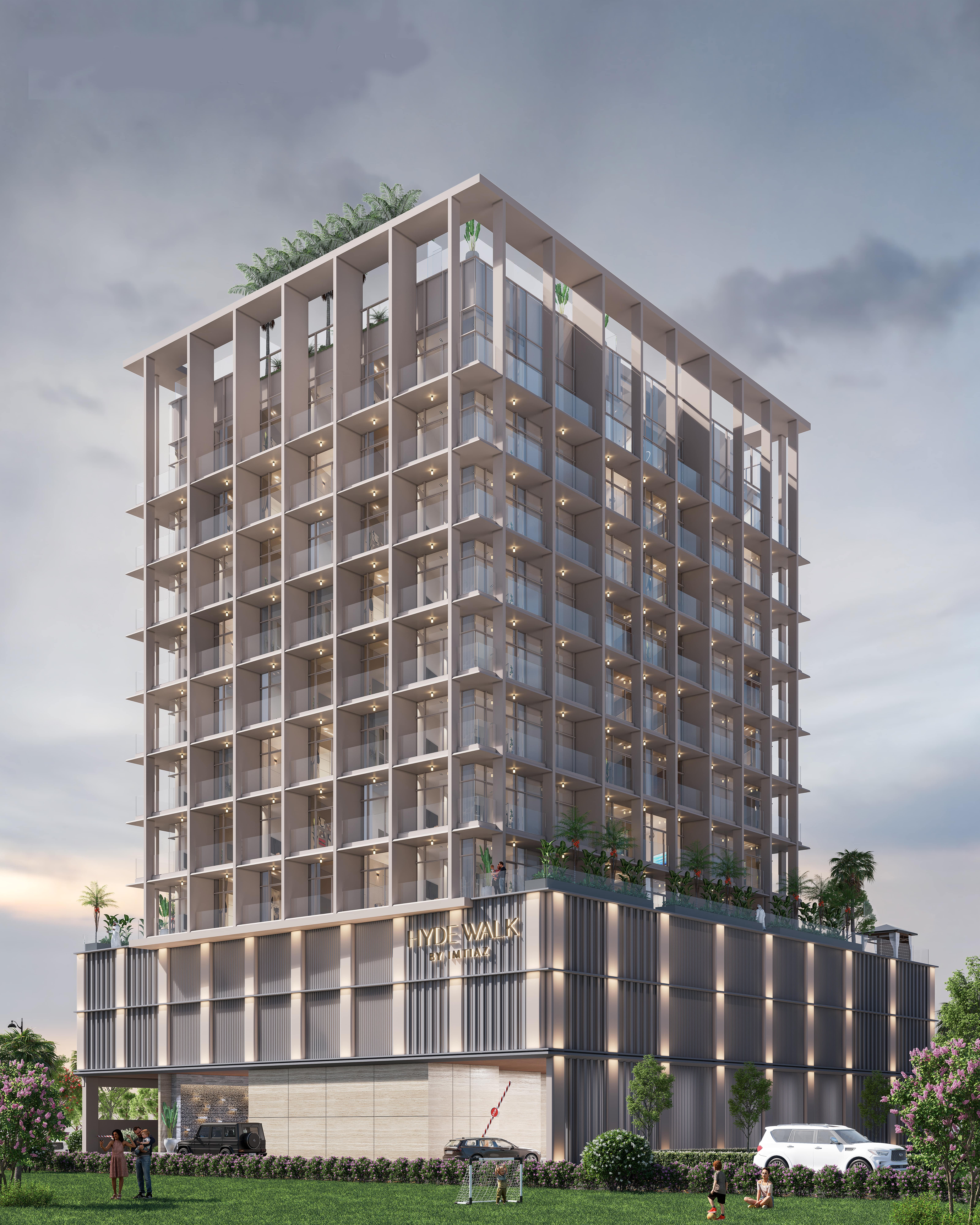 Hyde Walk By Imtiaz A modern multi-story building with balconies, greenery on the roof, and landscaped grounds featuring people and vehicles.